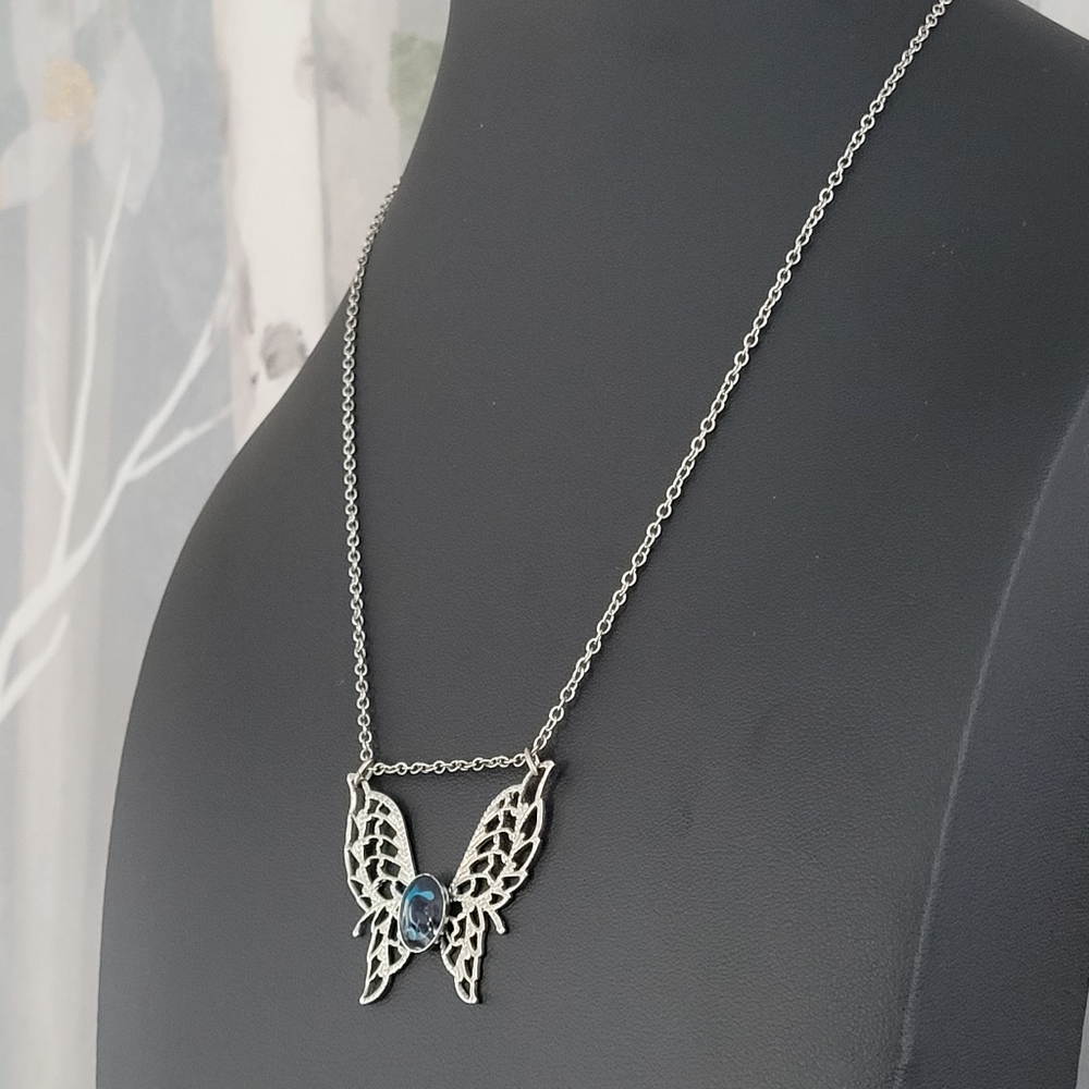 Butterfly Blue Multitonal Blue Center Accent On Silver-tone Butterfly Necklace - Picture 4 of 12